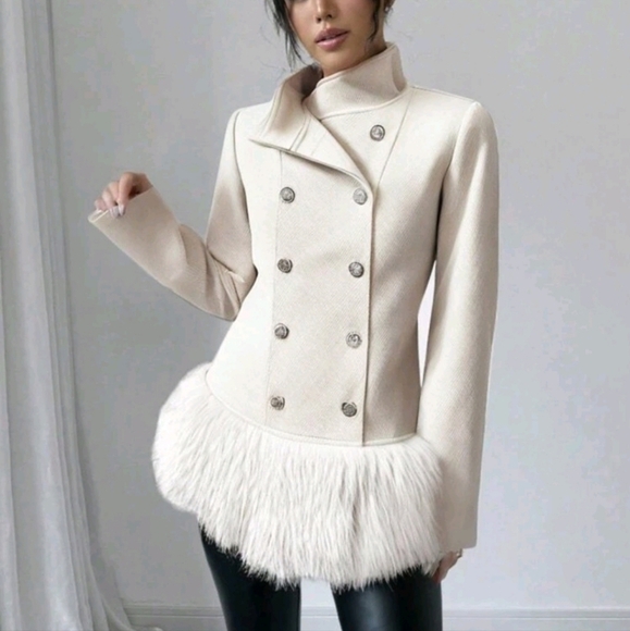 Women Double-Breasted Fringe Fluffy Regular Coat Thermal - Picture 1 of 5